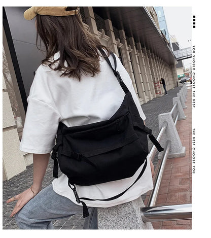 Canvas Crossbody Bag with Plush Pendant – Large Capacity Women's Shoulder Bag