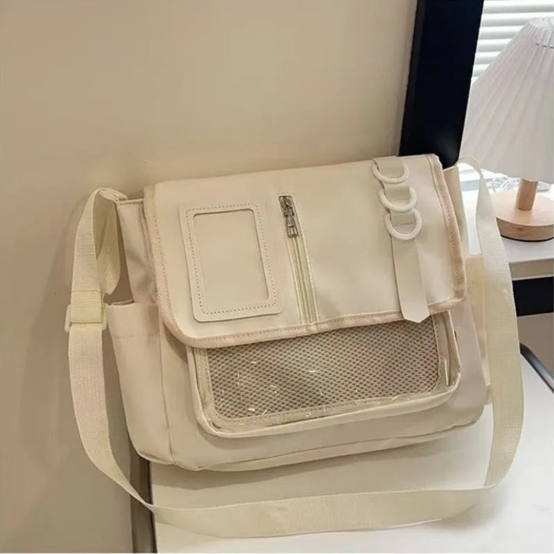 Clear Patch Canvas Messenger Bag – Multi-Pocket Crossbody
