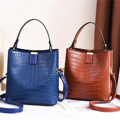 Crocodile Leather Bucket Bag – Large Capacity Shoulder & Crossbody Tote