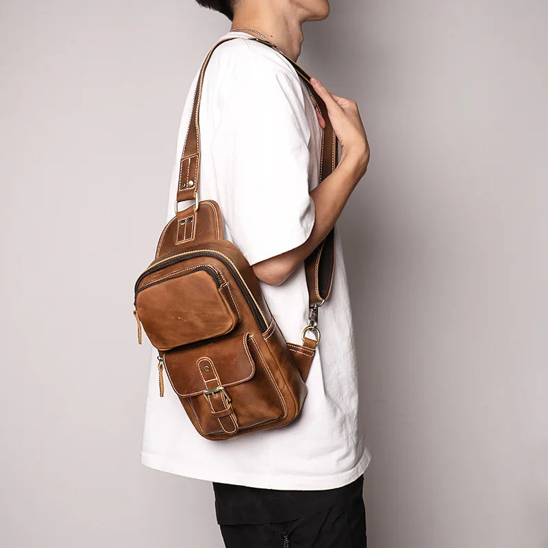 Retro Men S Crazy Horse Leather Chest Bag Outdoor Sports Large-Capacity Crossbody Multi-Functional