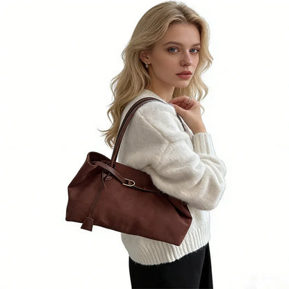 Large Capacity Vintage Faux Suede Shoulder Handbag for Women