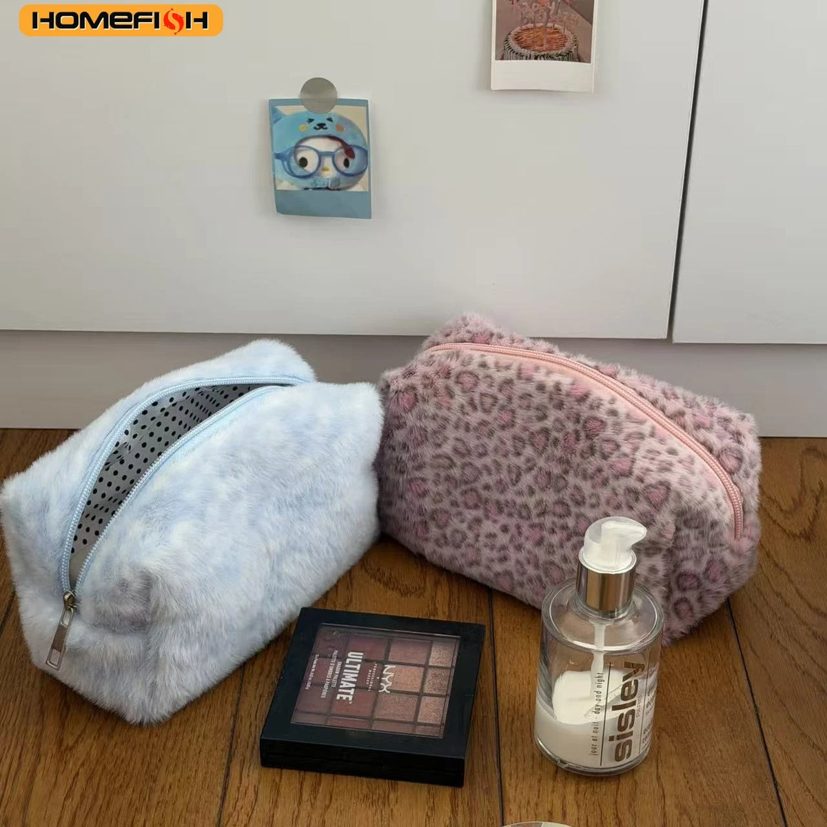 Homefish Durable Fuzzy Makeup Bag Large Capacity Leopard Print Toiletry Organizer Portable Cosmetic