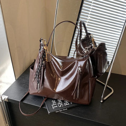 PU Leather Shoulder Bag with Side Pockets & Removable Charm
