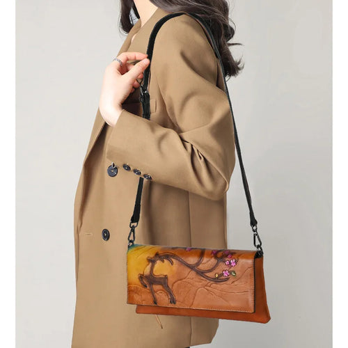 Top Layer Cowhide Crossbody Bag Retro Embossed Colored Retro Style Functional Single-Shoulder Bag