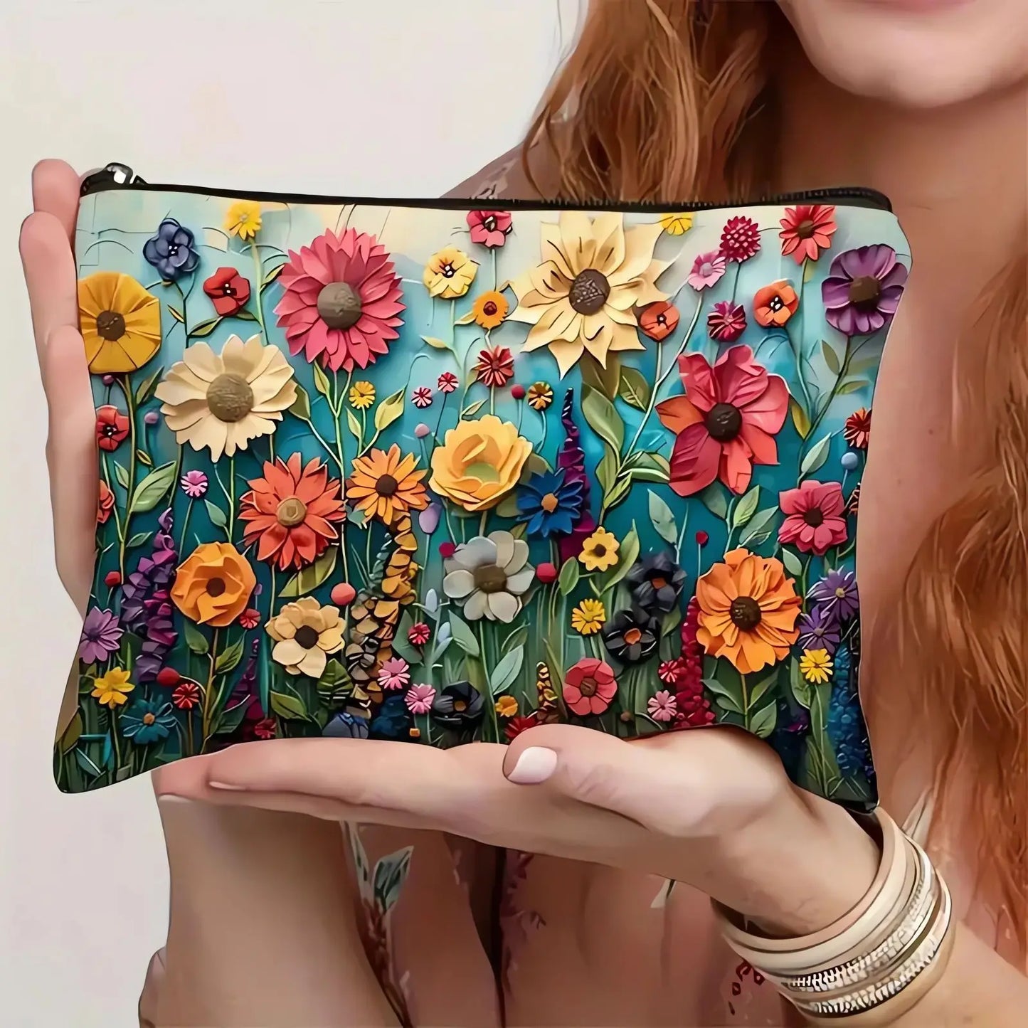 Colorful Flowers Pattern Makeup Bag 3d Floral Coin Purse Double Sided Print Clutch Women Travel Bag