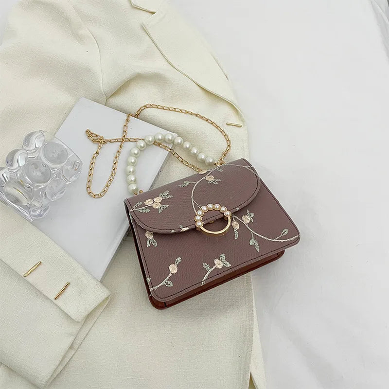 Pearl Chain Floral Embroidered Mini Shoulder Bag