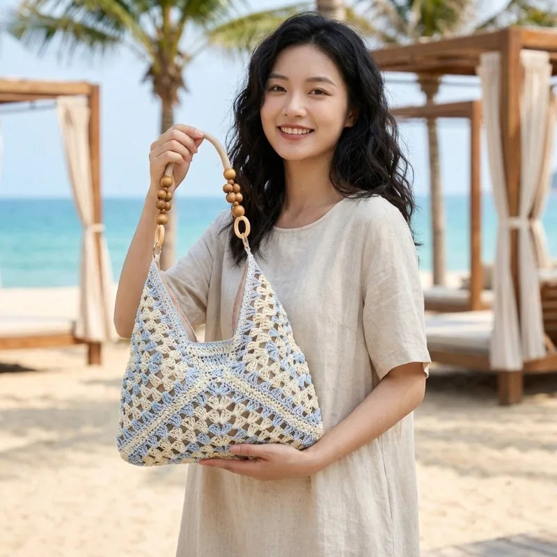 Summer Beach Casual Handbag Shoulder Bag Women Striped Straw Tote Bags Leather Handles