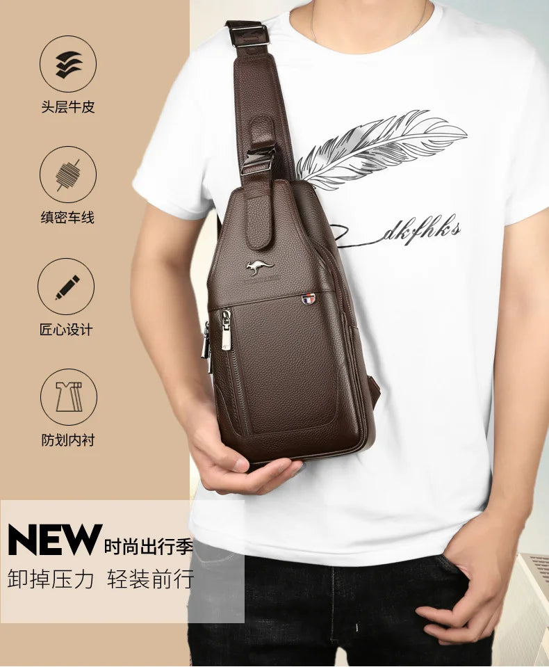 Men S Chest Bag Cowhide Crossbody Casual Single-Shoulder Bag