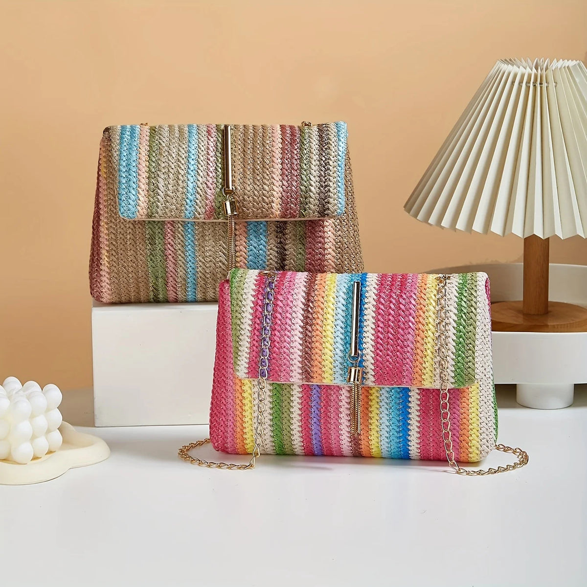 Rainbow Stripe Straw Crossbody Bag – Chain Strap & Tassel