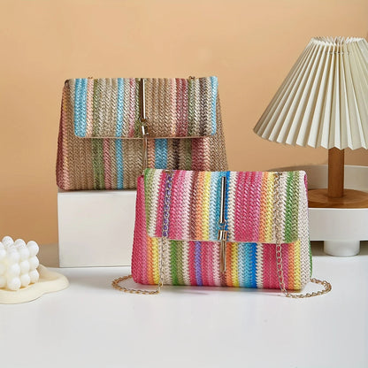 Rainbow Stripe Straw Crossbody Bag – Chain Strap & Tassel