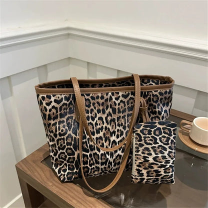 Leopard Tote Bag Pouch Stylish Synthetic Leather Handbag Shoulder Bag Large Capacity Shopping Bag