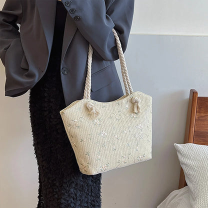 Spring Summer Styles Beach Straw Woven Women Shoulder Bag Flower Embroidery Handbags Large Capacity