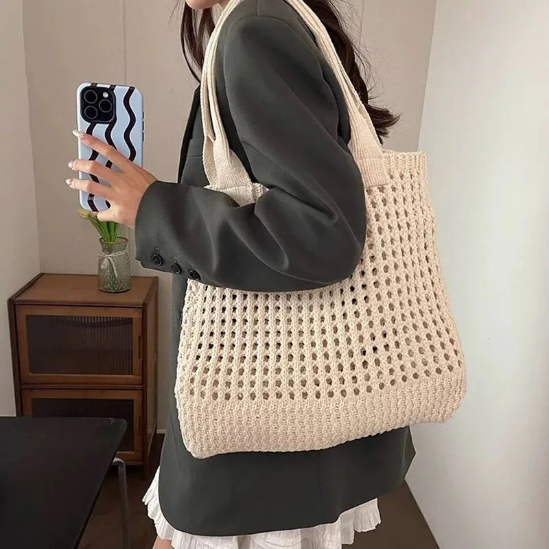 Summer Beach Tote Shoulder Bag Straw Weav Handbag Large Capacity Vacation Weaving Hollow Bags Women