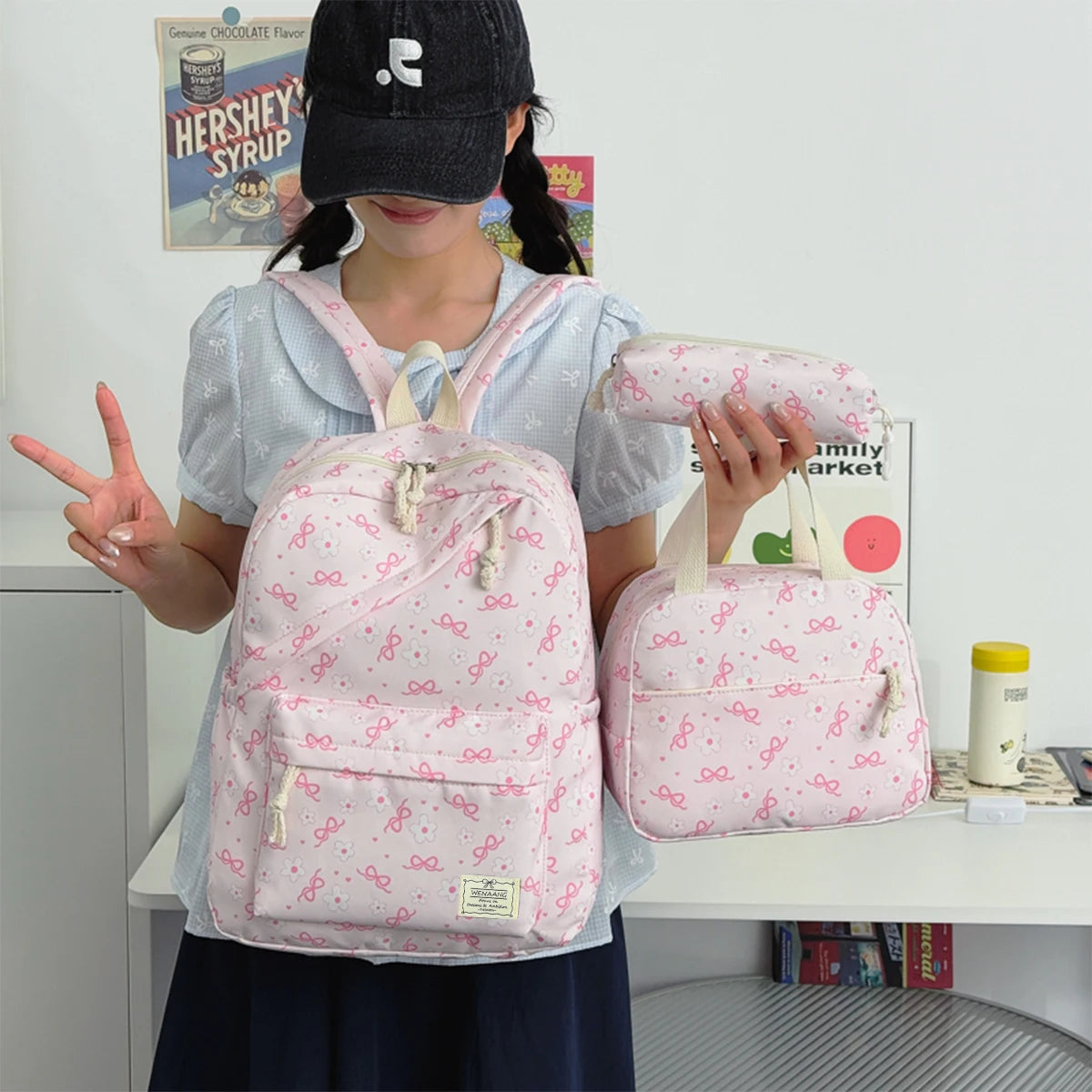 Gentle Sweet Bow Flower Printed Three Piece Backpack Set Nylon Lightweight Large Capacity Girls
