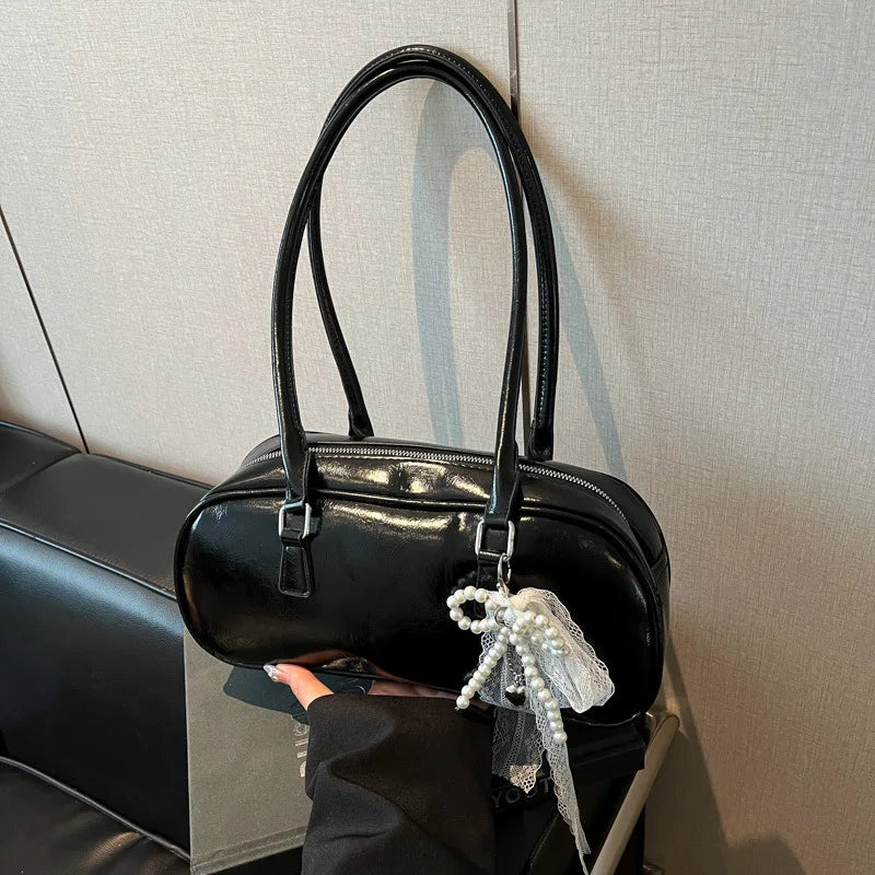 Patent Leather Shoulder Bag with Detachable Pearl Bow Lace Charm