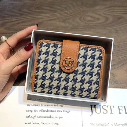 Purse Women Short Leather Niche Design Thousand Bird Lattice Lady Folding Organ Card Documents Clip