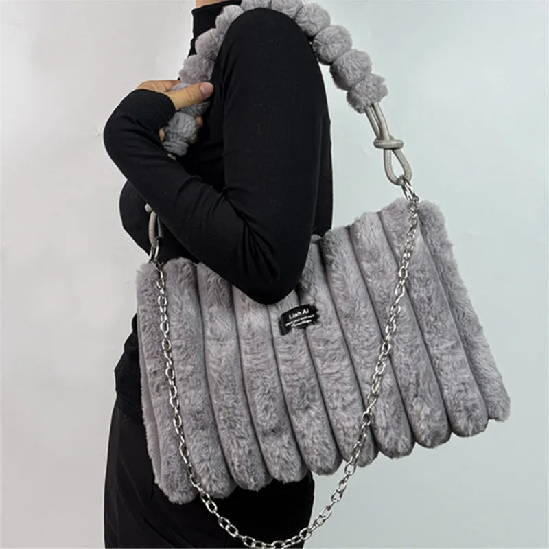 Plush Tote Bag – Women's Fuzzy Shoulder & Crossbody Handbag