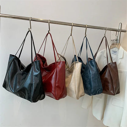 Large Capacity Retro PU Leather Tote Bag – Women's Shoulder Handbag