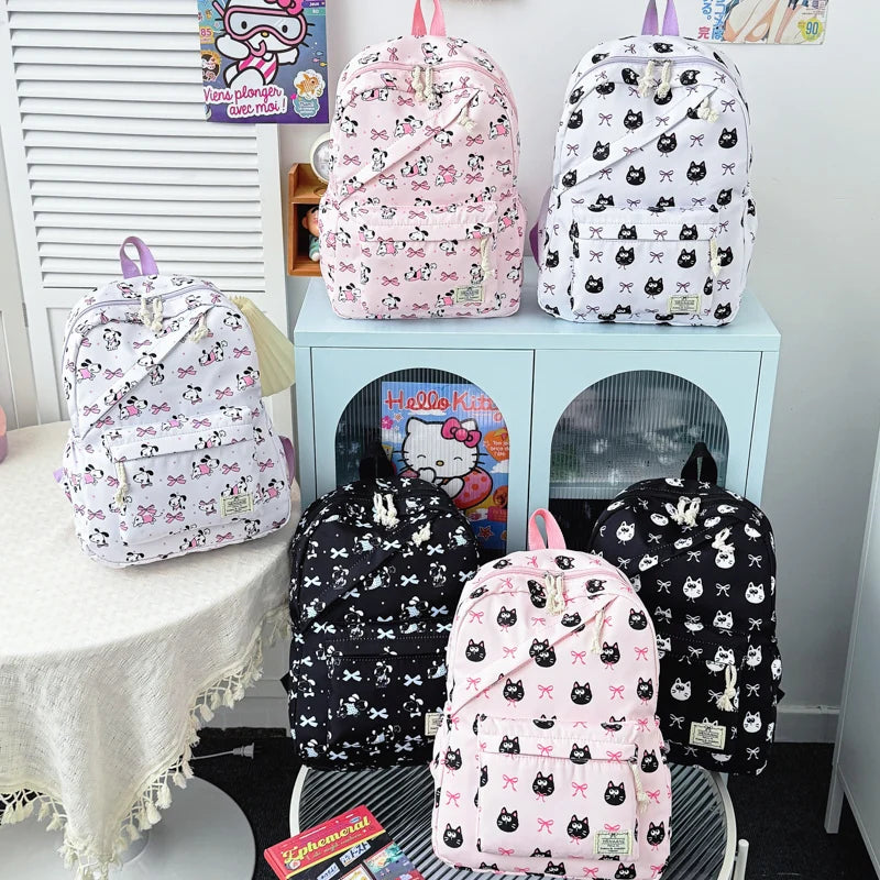 Sweet Bow Cartoon Animal Pattern Girl Backpack Nylon Large Capacity Diagonal Zipper Student Double