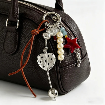 Pearl & Leather Keychain Charm – Boho Star Heart Bead Accessory