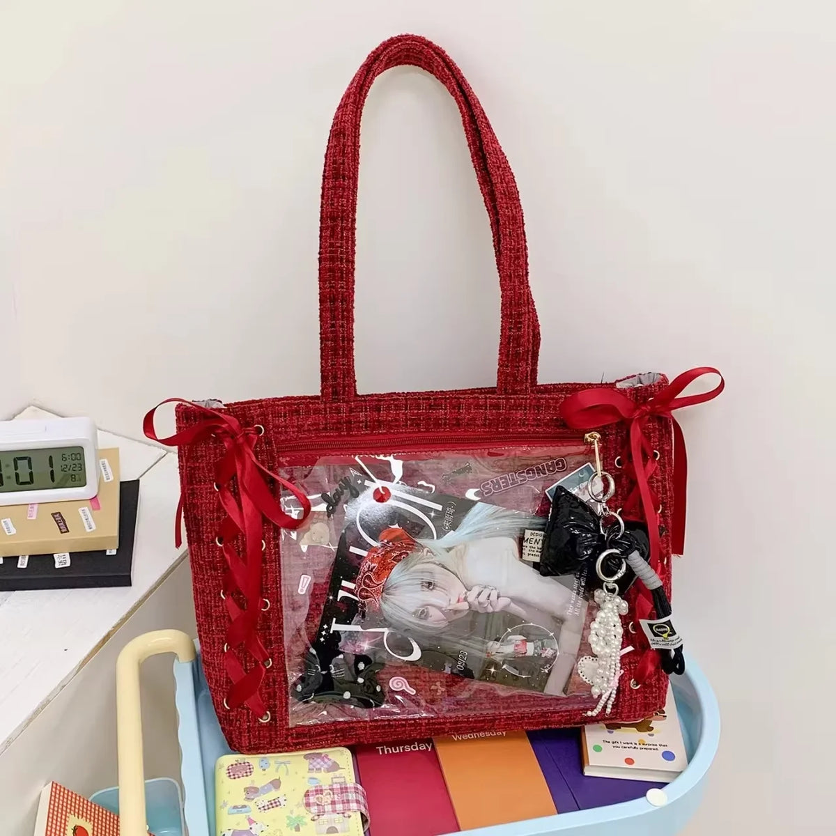 Y2K Ribbon Bow Ita Tote Bag – Large Capacity Transparent Pocket Shoulder Bag