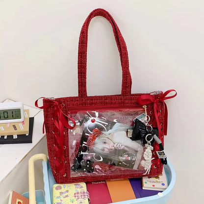 Y2K Ribbon Bow Ita Tote Bag – Large Capacity Transparent Pocket Shoulder Bag