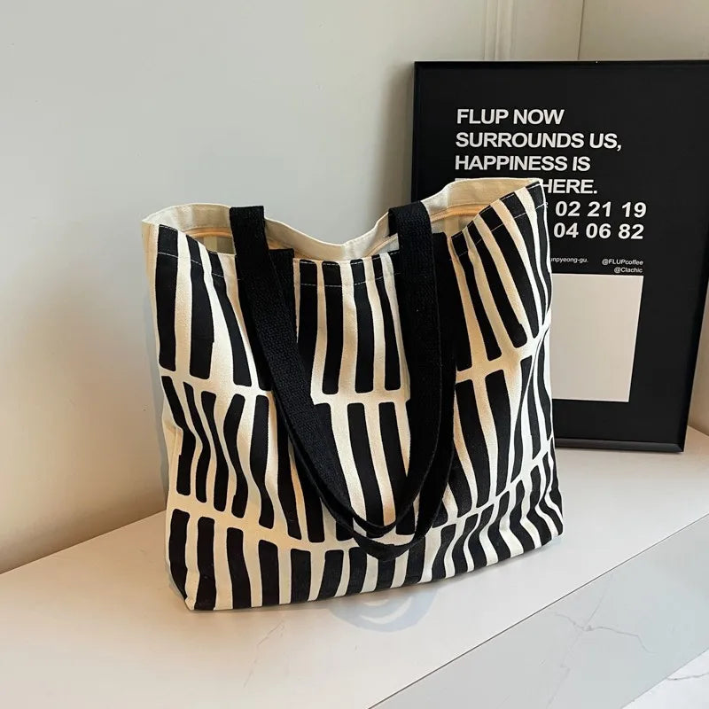 Large Canvas Tote Bag – Printed Stripe Pattern Shoulder Handbag
