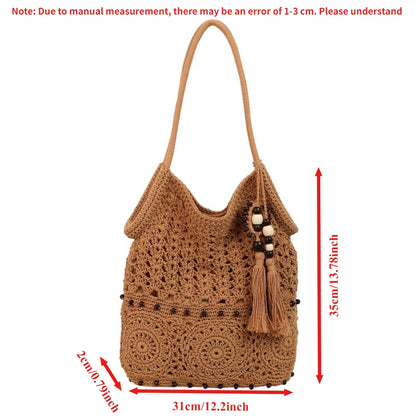 Crochet Tote Bag Women White Openwork Knit Purse Bead Fringe Charm Adjustable Long Straps Boho Beach