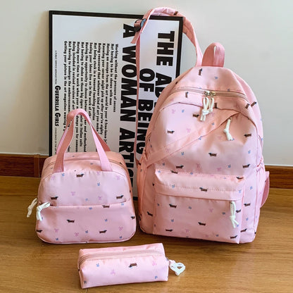 Chic Puppy Print Backpack Set 3pcs Handbag Pen Pouch Stitching Detail Multi Pocket Adjustable Straps