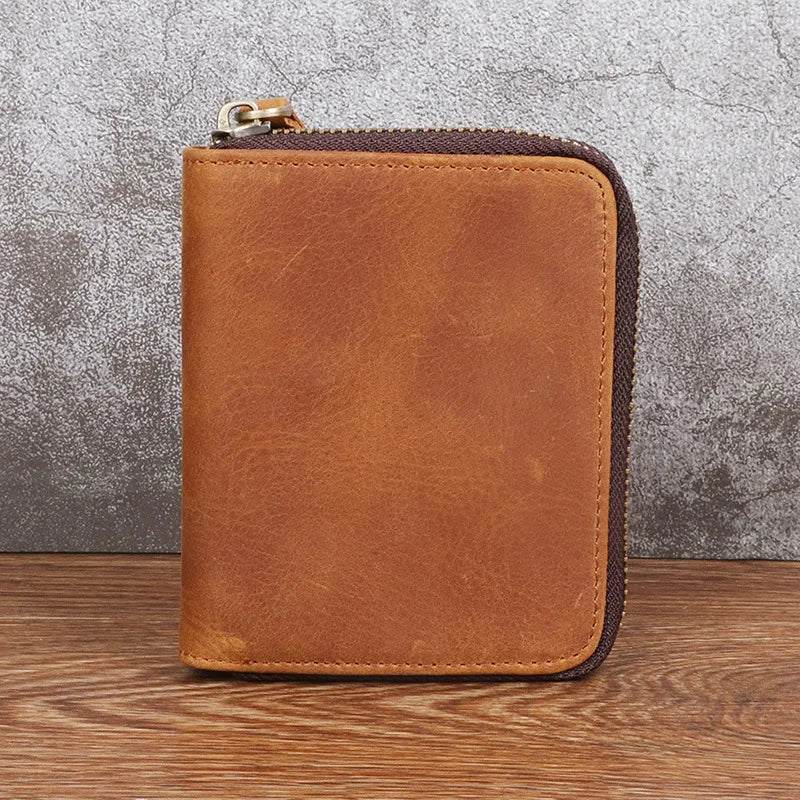 Crazy Horse Leather Men S Zipper Wallet Vertical Style Genuine Leather Cowhide Retro Handmade Change