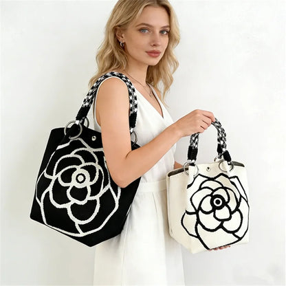Knitted Tote Bag with Camellia Flower - Large Capacity Weave Handbag