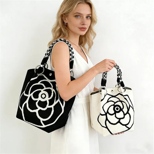 Knitted Tote Bag with Camellia Flower - Large Capacity Weave Handbag