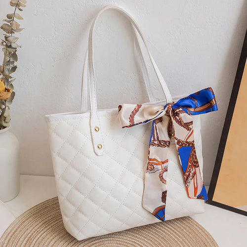 Quilted Tote Bag with Scarf – Large Capacity Women's Shoulder Bucket Bag