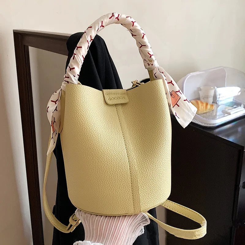 Elegant Bucket Handbag Shoulder Bag Silk Scarf Fashionable Faux Leather Tote Crossbody Bags Women S