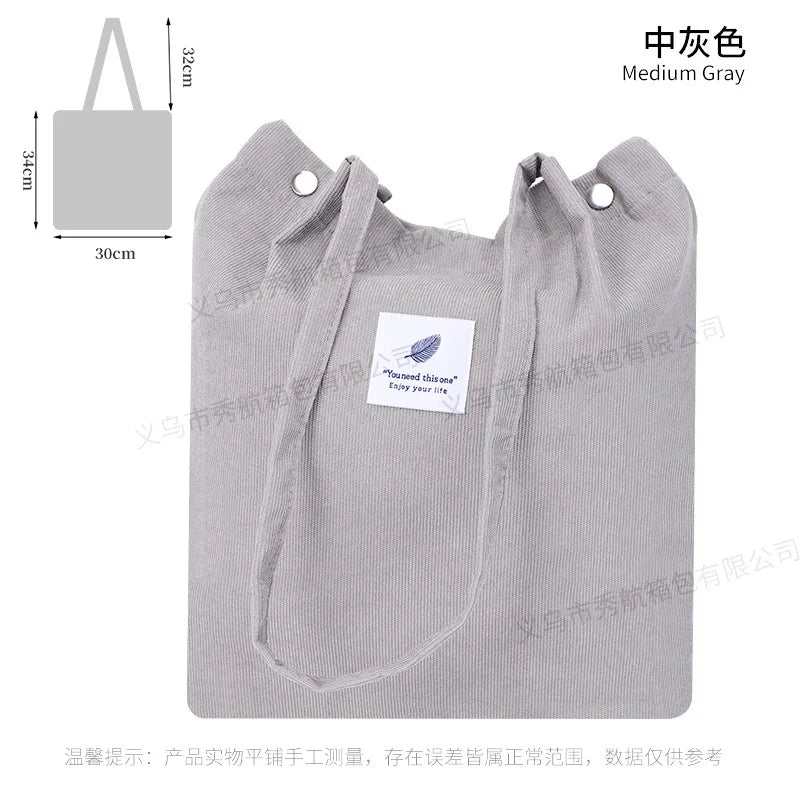 Corduroy Canvas Tote Bag – Minimalist Shoulder Bag for Women