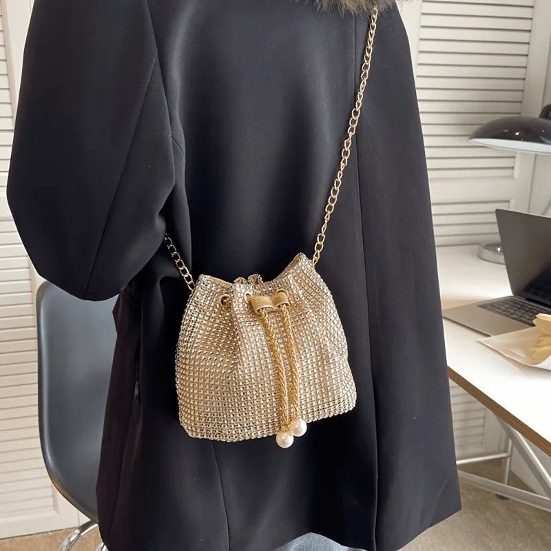 Gold Rhinestone Large Capacity Tote Bag Sparkly Drawstring Crossbody Purse Gold Chain Strap Party