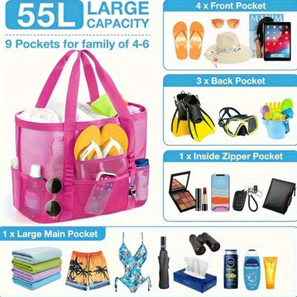 Large Mesh Beach Tote Bag – Sandproof with Multiple Pockets