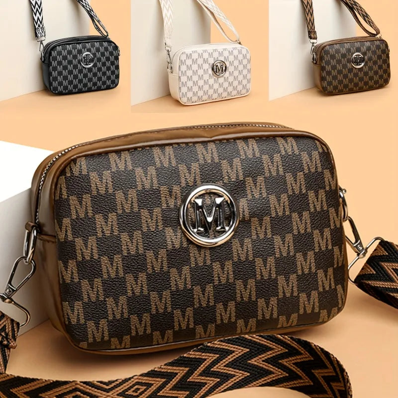 Women's PU Leather Crossbody Bag with M Logo Badge & Wide Strap