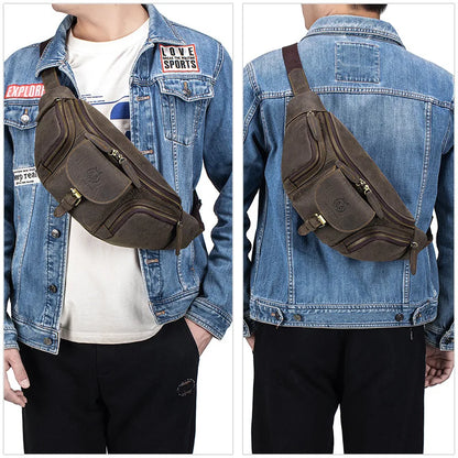 Head Layer Cowhide Chest Bag Retro Multi-Function Motorcycle Satchel Leather Leisure Large Capacity