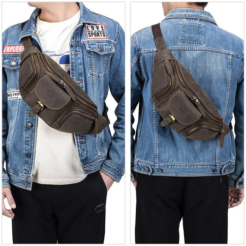 Head Layer Cowhide Chest Bag Retro Multi-Function Motorcycle Satchel Leather Leisure Large Capacity