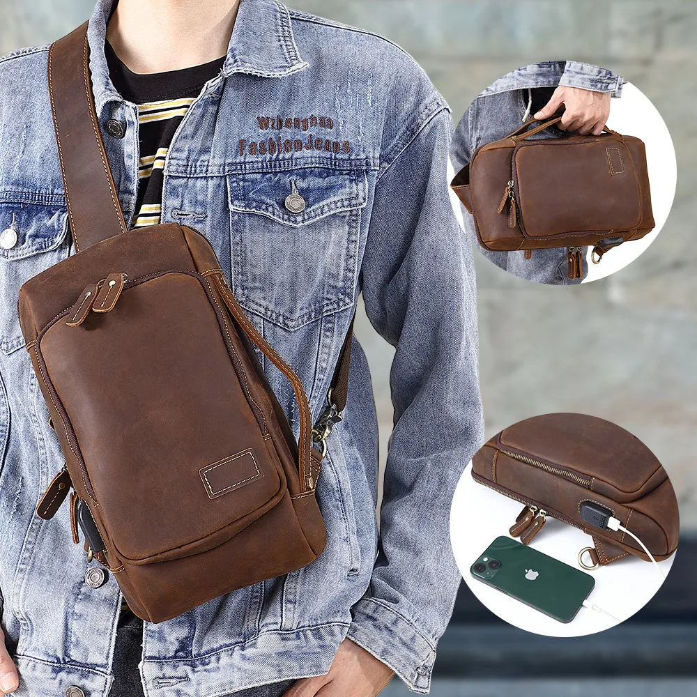 Retro Men S Chest Bag Genuine Leather Chest Large-Capacity Hand-Held Crossbody Backpack