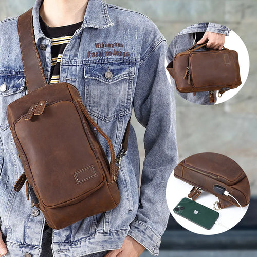 Retro Men S Chest Bag Genuine Leather Chest Large-Capacity Hand-Held Crossbody Backpack