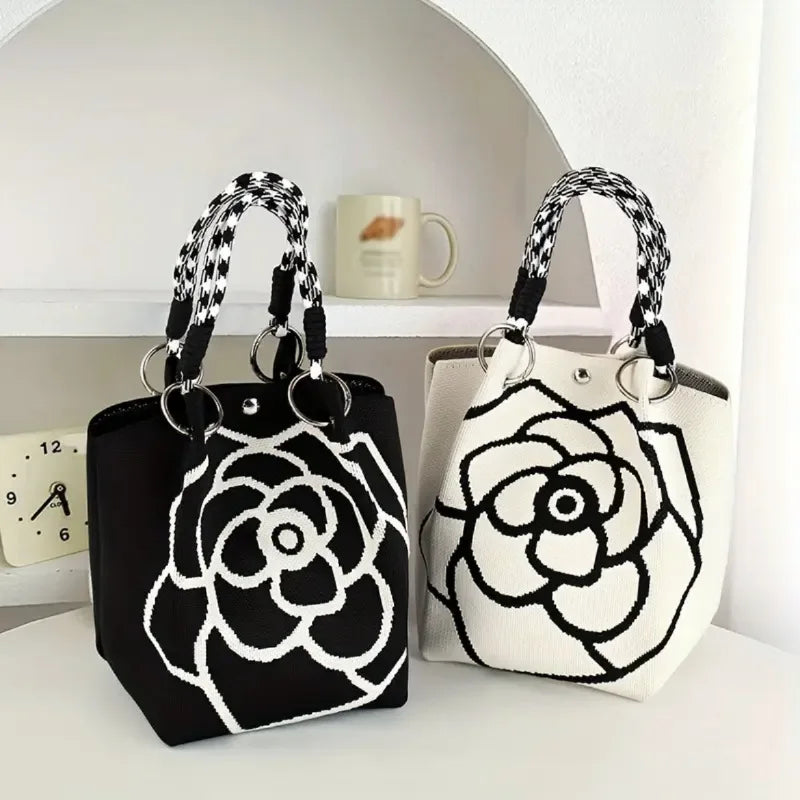 Camellia Print Knit Mini Tote Bag with Braided Handles