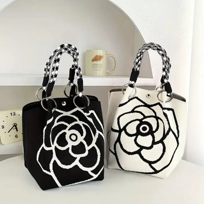 Camellia Print Knit Mini Tote Bag with Braided Handles