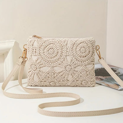 Crochet Bag with Hollowed Out Floral Design – Woven Straw Crossbody with Adjustable Strap