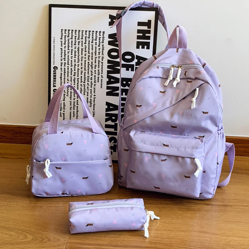 Chic Puppy Print Backpack Set 3pcs Handbag Pen Pouch Stitching Detail Multi Pocket Adjustable Straps