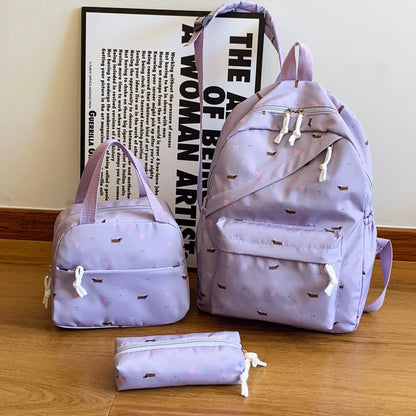Chic Puppy Print Backpack Set 3pcs Handbag Pen Pouch Stitching Detail Multi Pocket Adjustable Straps