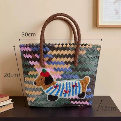 Cute Dachshund Woven Tote Bag Lightweight Striped Basket Bag Embroidered Dog Beach