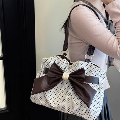 Polka Dot Tote Bag Big Leather Bow Lace Trim Large Capacity Shoulder Handbag
