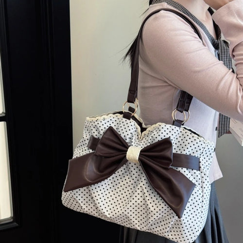 Polka Dot Tote Bag Big Leather Bow Lace Trim Large Capacity Shoulder Handbag